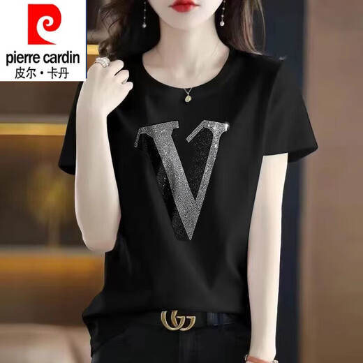 皮尔卡丹（pierre cardin）纯棉短袖t恤女大1码夏装新款时尚烫钻圆领半袖上衣黑色镶钻打底衫 圆领-连环爱心钻-黑色短袖 3524 2XL 适合135-165斤