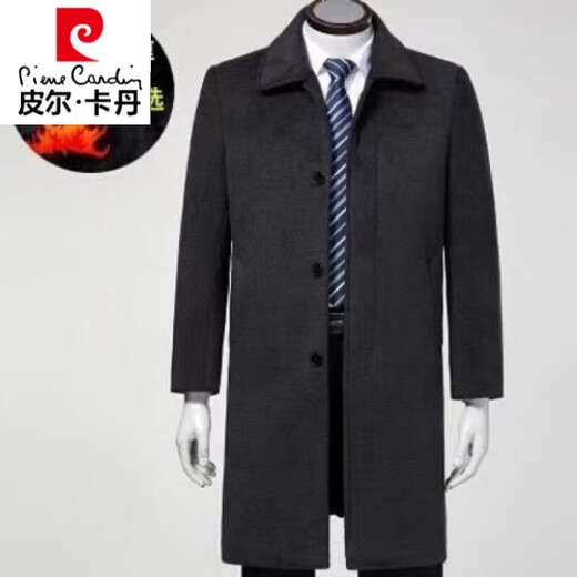 皮尔卡丹商务休闲中年男士羊毛呢外套加厚秋冬款羊 绒大衣长款风衣过膝款 长款大衣(黑色)狐狸毛领 175/建议体重(120-135斤)