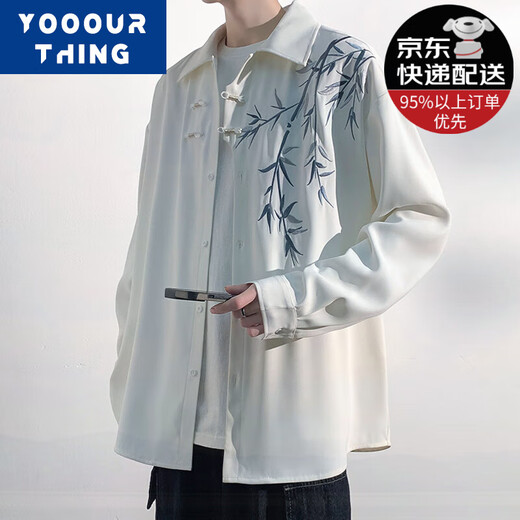 YOOOURTHING New Chinese style bamboo embroidered long-sleeved shirt for men in spring and autumn trendy brand loose casual large size shirt jacket white XL (recommended 115-140Jin [Jin equals 0.5 kg])