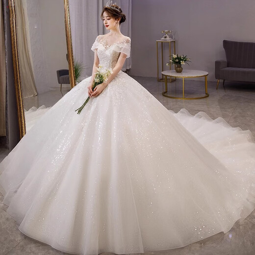 Wutuo One-Shoulder Hochzeitskleid Französische Braut 2025 Neues Hauptgarn kleine Abdeckungen Arme und Schwänze große Textur für Frauen, Qidi-White-Stil, geben Sie: Schleierhandschuhe Rock S (90-98jin [Jin gleich 0,5 kg])