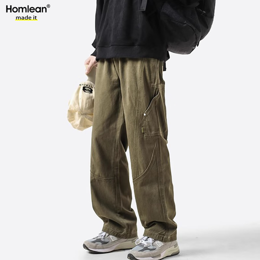 Homlean美式纯棉休闲裤男春夏小众潮牌复古宽松工装长裤子HS60卡其色2XL