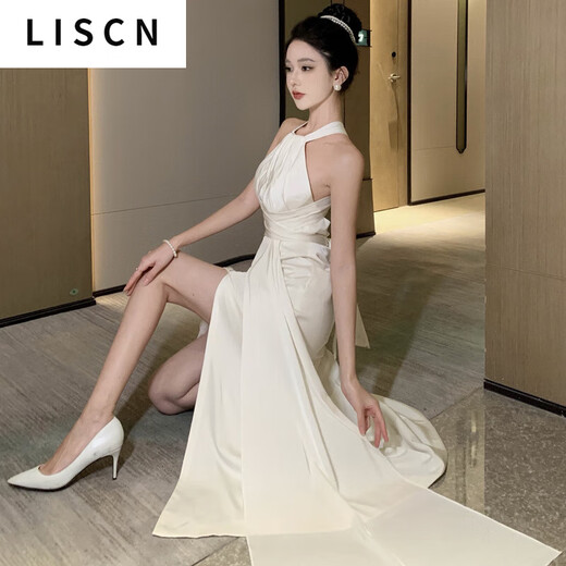 LISCN French halter neck slit satin backless sexy fashionable dress light luxury party birthday party evening dress white S