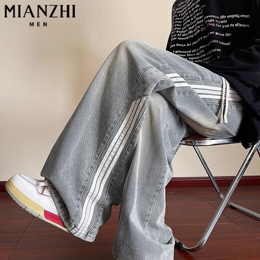 Cotton American Retro Side Striped Wide-Bein-Jeans für Männer losen Herbst und Winter neuer Casual Hosen Trend K1047 Blau [hohe Qualität 35] L 105-120jin [Jin entspricht 0,5 kg]