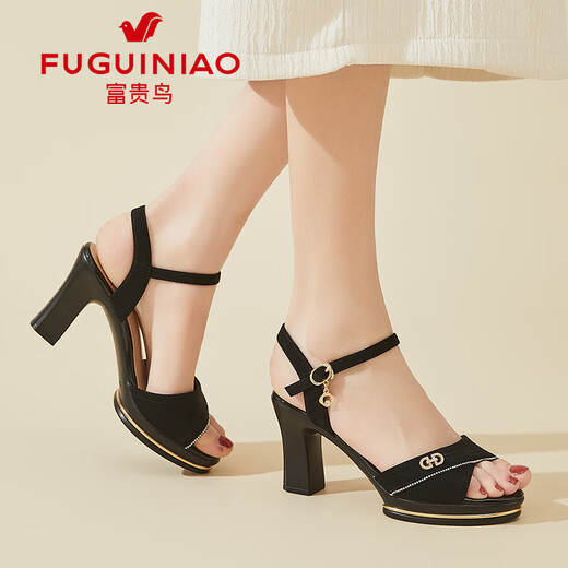 富贵鸟（FGN）高跟鞋女2025夏季新款一字扣凉鞋配裙子妈妈鱼嘴女鞋子 黑色 35