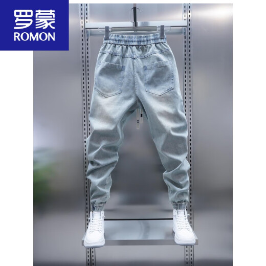 罗蒙（ROMON）2025春秋季水洗牛仔裤男大口袋束脚哈伦裤浅蓝色痞帅束脚休闲裤 浅蓝色 32 建议135-150斤