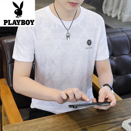 Playboy (Playboy) T-shirt à manches courtes en soie de glace pour hommes en été imitation de l'artisanat haut de gamme avec mûr en soie de la soie de mûre, t-shirt Jacquard polyvalent 753 noir L recommandé de porter 110-130jin [Jin est égal à 0,5 kg]