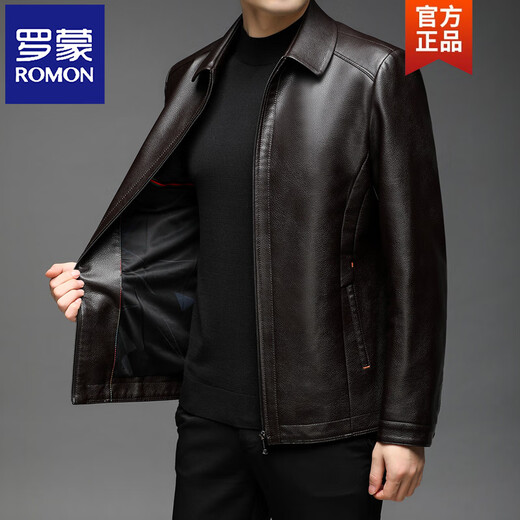 ROMON Haining Leather Men's 2026 New Autumn and Winter Dad Clothing Middle-aged Men's First Layer Imitation Cowhide Leather Jacket Stand Collar Brown - Thin M 170 (100-120Jin Jin is equal to 0.5 kg)