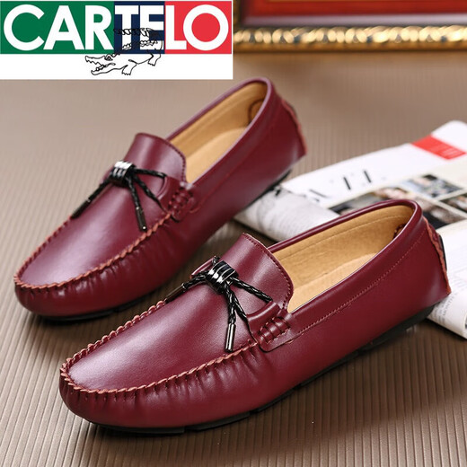 
CARTELO brand bean shoes for men versatile trendy leather lazy casual leather shoes business black one-footed spirit young men shoes men black 9880 lace-up style store gift bag 41