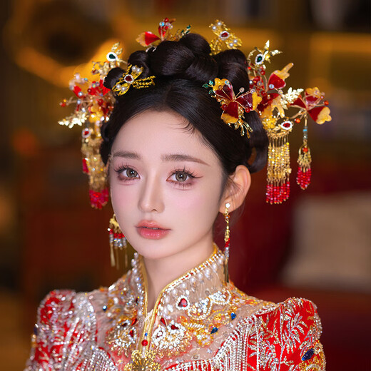 Youshu headdress Xiuhe Chinese style bridal headdress wedding Xiuhe clothing headdress high-end simple and elegant golden red face small model headdress + ear clip
