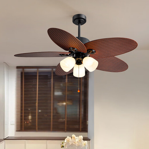 Weather vane medieval style retro restaurant fan light imitation vine leaves pastoral country style frequency conversion large wind power silent ceiling fan light 52-736A dark leaf 3 light-yellow and green Tiffany