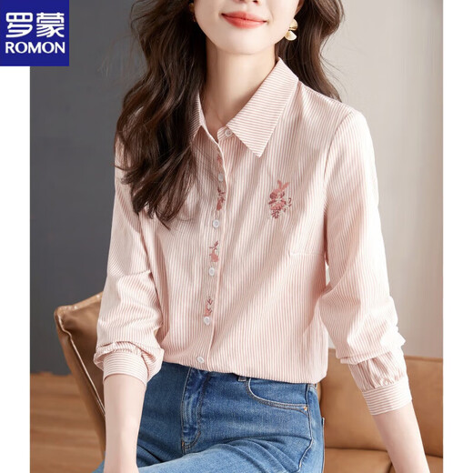 ROMON cotton striped embroidered shirt women's single-breasted shirt 2026 autumn new loose and versatile top pink L (recommended 100-110Jin Jin equals 0.5 kg)
