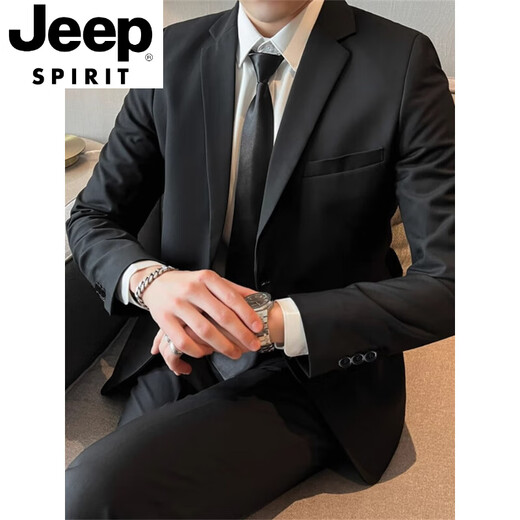 JEEP SPIRIT Suit Jacket Men's Slim Suit Casual Business Professional Formal Wear Handsome Groomsman Suit Two-piece Black Suit S