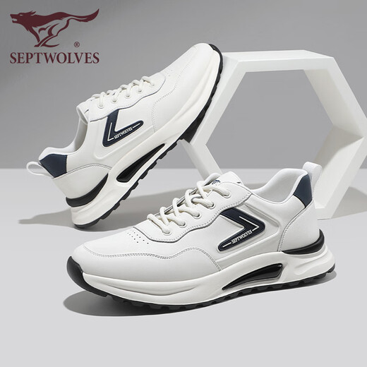 Zapatos para hombres de siete lobos para zapatos casuales de cuero de verano para zapatillas de alto rango de suela gruesa para hombres zapatos blancos de moda y versátiles de viaje blanco/azul 1049 39