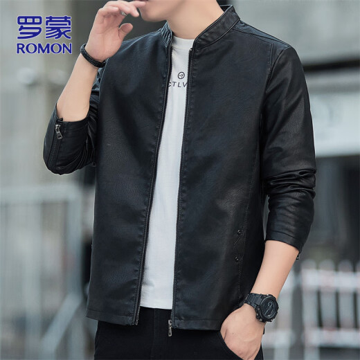 罗蒙（ROMON）夹克皮衣男士春季外套男休闲百搭机车男装上衣 黑色 XL 