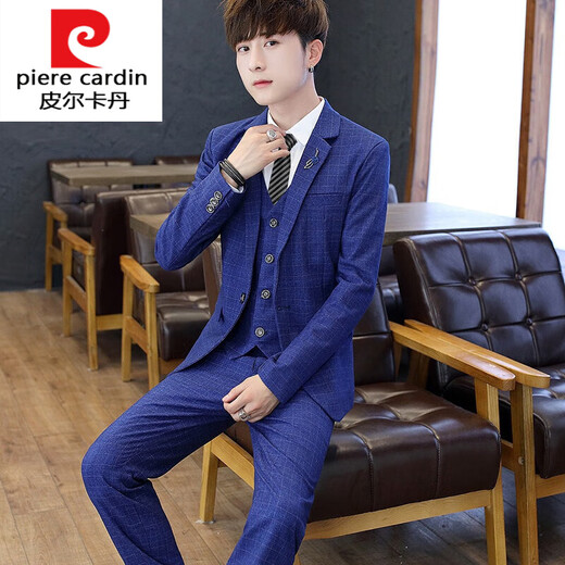 皮尔卡丹（pierre cardin）西服套装男士商务职业正装韩版修身伴郎新郎结婚礼服小西装潮针织 802黑色西服+马甲+衬衫+西裤/4件 M (建议90-105斤穿)