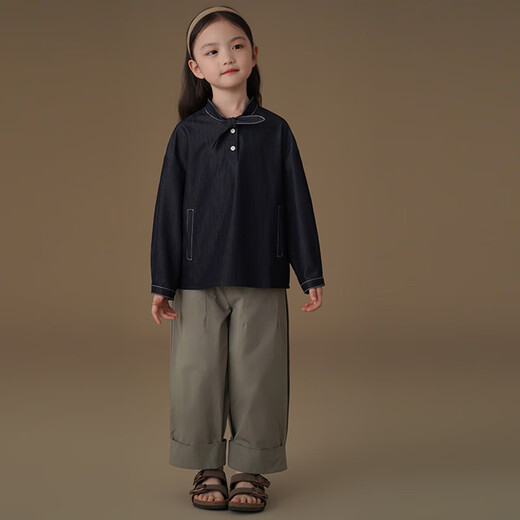 Haqi children's clothing children's denim shirt spring and autumn thin simple casual top girls spring clothing 25 new design sense dark denim blue 170