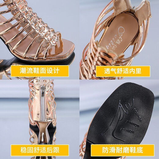Yin Zhentian Römische Sandalen für Frauen 2025 Sommer Hufeisen Heel Mid-Heel Sandalen High Top Fish Mundschuhe High Heel hohl dicke Absatzschwarz 34