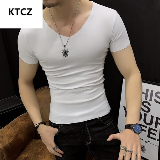 
KTCZ summer thin men's markless short-sleeved T-shirt V-neck slim casual fitness sports black tight-fitting clothes men's trend 1504 white round neck long-sleeved M 165