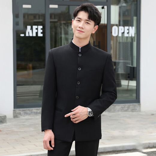 ROMON Chinese tunic suit suit men's youth slim fit Chinese stand collar suit Chinese wedding dress Chinese style Tang suit Chinese stand collar black top + pants L 175 weight 125-135 Jin Jin equals 0.5 kg