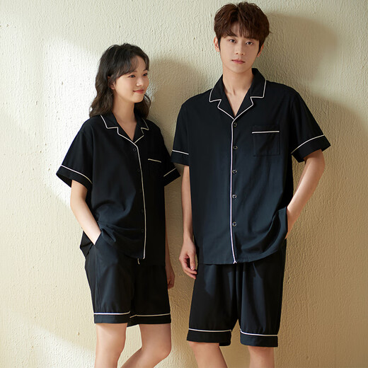 Shaqian couple pajamas summer cool cotton high-end girls short-sleeved simple black men's summer home wear