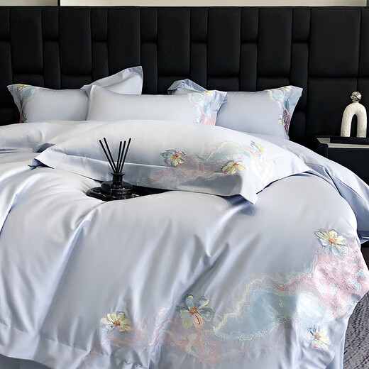 Mengyan MENGYAN's new 100-count pure cotton four-piece set, light luxury long-staple cotton 100% cotton bed sheets and duvet covers, thickened warm bedding, Cloud Blossoms - Baby Blue Sheet Type 1.5 meters (quilt cover 200*230cm)
