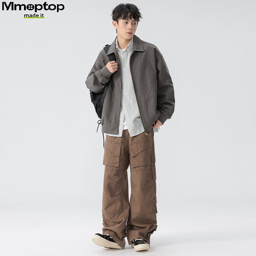 
MMOPTOP American pure cotton retro lapel work jacket spring and autumn men's versatile functional jacket MJK03 dark gray XL