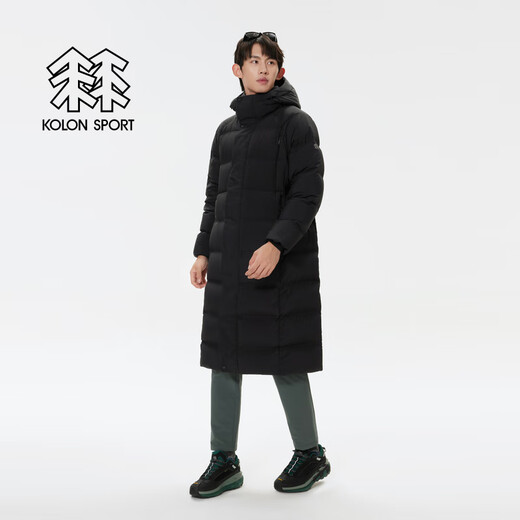 KOLON SPORT/可隆长款羽绒服 男女同款户外休闲防风防泼水连帽重量鹅绒服 LUDJ4WNT02-BK 黑色 S 165/88A