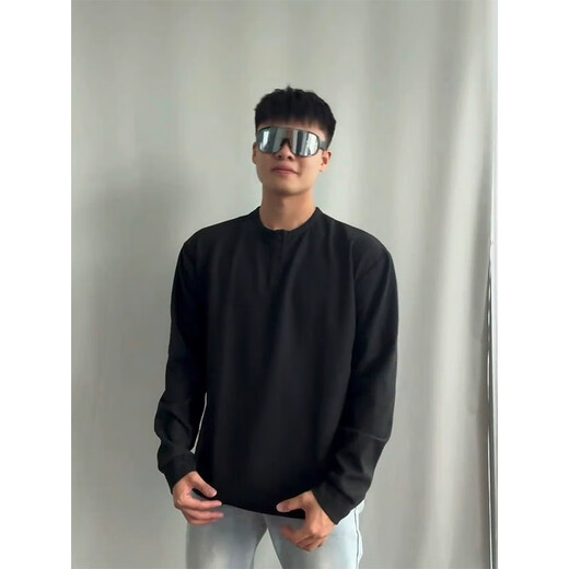 Digada cleanfit Henry neck long-sleeved T-shirt for men's spring and autumn summer new sweatshirt waffle American base shirt T-shirt CQS-1381 black plush style XL