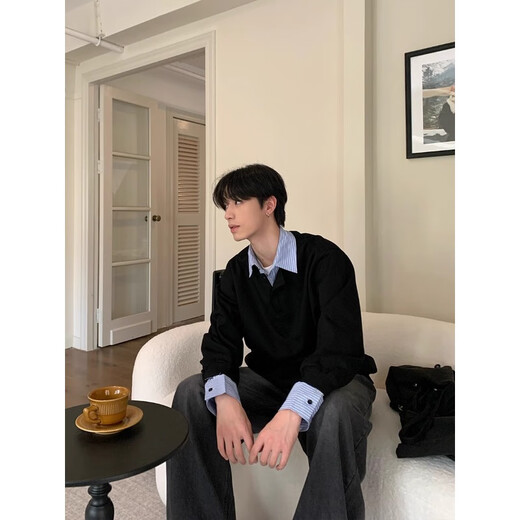 南啵丸假两件衬衫男春秋季2025新款内搭叠穿长袖翻领亨利打底衫衬衣外套 黑色 S