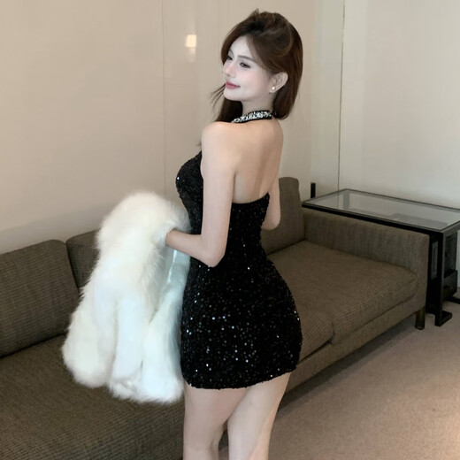 忆静萱（YIJINGXUAN）夜店  法式气质甜美挂脖连衣裙露背包臀小个子亮片礼服短裙 黑色 S 85-95斤