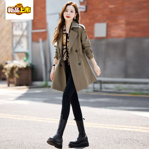 First diameter lined medium-length windbreaker jacket for women spring and autumn 2026 new Korean style loose large size coat for small people coffee color (with lining and scarf) M (105Jin Jin is equal to 0.5 kg)