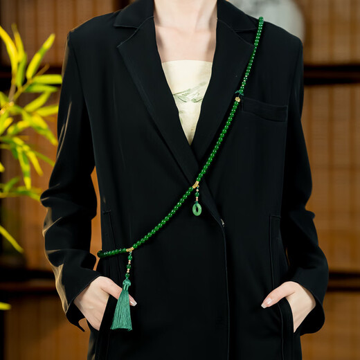 CLCEY new Chinese style necklace green beaded tassel sweater chain high-end long crossbody chain literary retro accessories round button long tassel necklace can be crossbody (Ma 1391