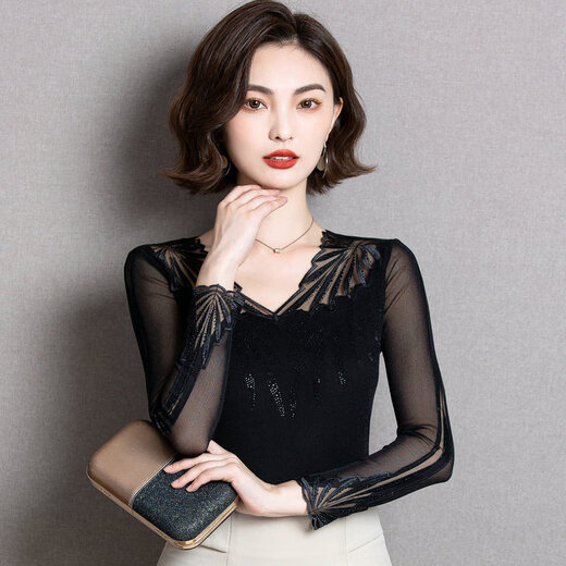 赛曼蝶雷丝打底衫女秋衣外穿2025春装新款低领蕾丝长袖修身亮丝网纱小衫 6167 小叶串 薄款 2XL (115斤-135斤)