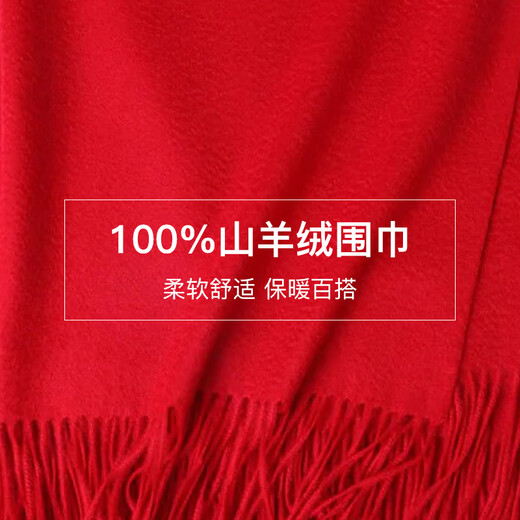 Evseg衣维瑟 蒙古国进口100%山羊绒围巾 男女经典百搭 纯色格纹羊毛围巾礼品 05-847大红【30*170cm】