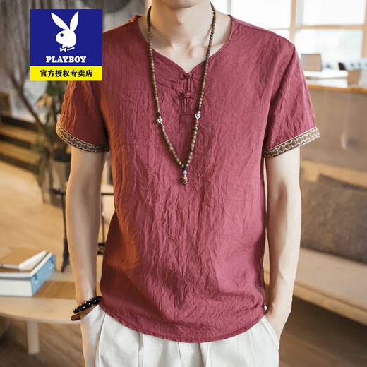 
Playboy Tang suit men short-sleeved men summer thin youth Chinese style retro buckle half-sleeved T-shirt Chinese style ancient style men's clothing 686 burgundy M Reference 85-100Jin [Jin equals 0.5 kg]