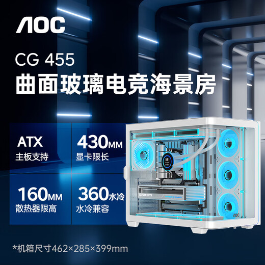 AOC Zhentian Gong CG455 weißer ATX-Desktop-Computer mit Meeresblick, integriertes gebogenes Glas/10 Lüfterpositionen/360 Wasserkühlung/linkes und rechtes Fach/Schnellverschluss-Design