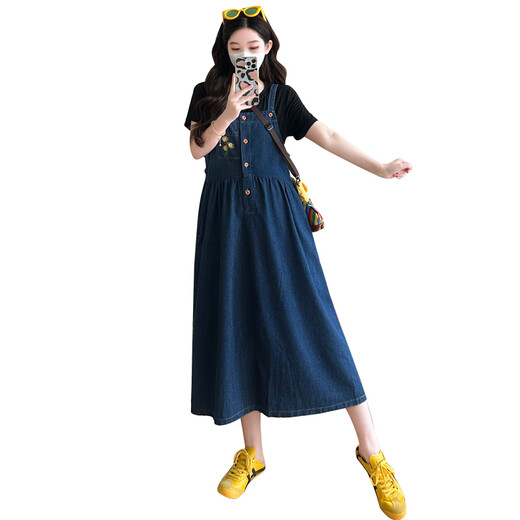 苒琦妈咪孕妇连衣裙套装时尚洋气时髦宽松牛仔遮肚背带裙两件套2025新款夏 黑色T恤+牛仔背带裙【两件套】 XL