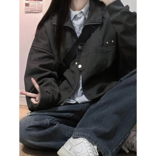 7家优品工装外套男女春秋季新款美式复古休闲宽松纯色男女款飞行夹克上衣 SSQ-684黑色 3XL