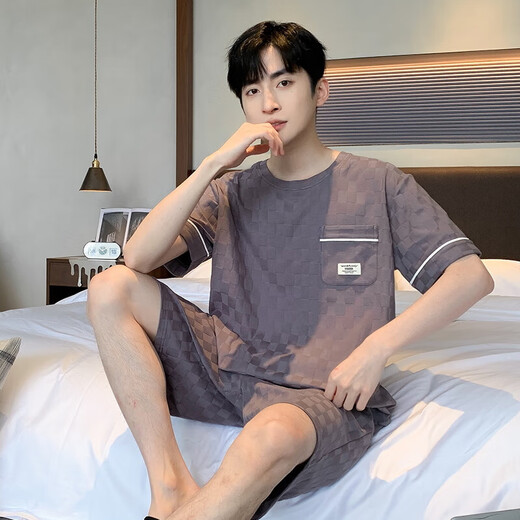 2025 Neue Pyjamas Herren Sommer kurzärmelige Baumwollanzug Jacquard Koreanische Shorts lässige Sommer-Heimkleidung kann außerhalb von 9202 l getragen werden [100-130jin [Jin entspricht 0,5 kg]]