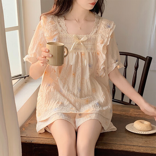 
Catman princess style summer cute pure cotton short-sleeved pajamas girl sweet loose home clothes 3524-Little Bear Blue M
