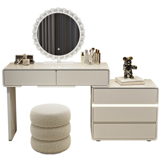Xunhuai Dressing Table Solid Wood Italian Minimalist One-Drawer Cabinet Feel Bedroom Simple Modern 2025 New Storage Dressing Table White Slate Board 80cm+Three Drawer Cabinets+Round Mirror+Qianxun Chair Promotion