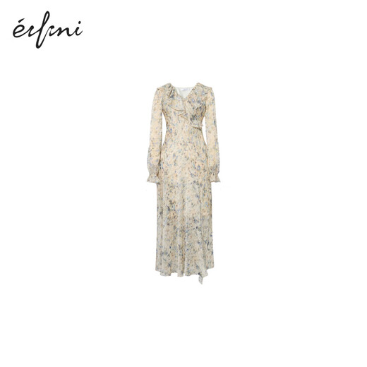 Evely slim slanted silk style V-neck ruffle front slit design versatile dress 2025 autumn new style beige L 110-125Jin [Jin equals 0.5 kg]