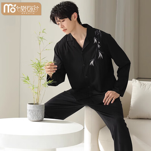 Pajamas modal Spring and Automne Coton Pure Coton Long Menc Men Plus taille de style chinois Bamboo Black peut être porté à l'extérieur des vêtements maison 753 xl: Convient pour le poids 140-160 Jin [Jin est égal à 0,5 kg]