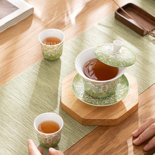 SUSHI CERAMICS Suet-fat Jade Hovering Horseshoe Three-Cai Covered Bowl Simple European Damascus Pattern Gift Box Souvenir Holiday Gift J1067