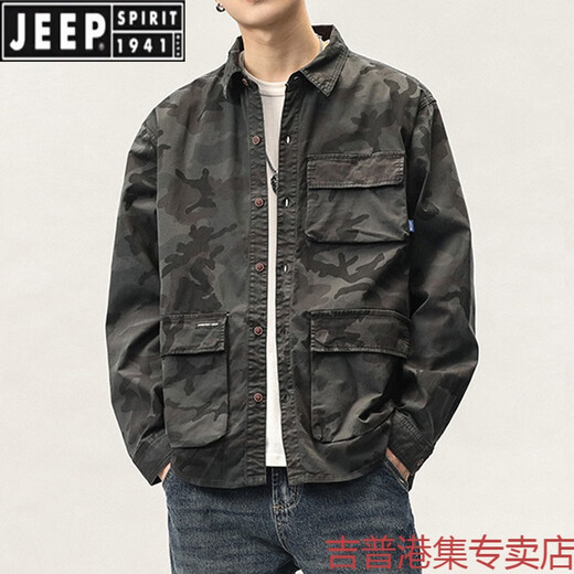 JEEP SPIRIT春秋美式迷彩长袖工装衬衫男宽松潮牌大码休闲外套潮夏季上衣 灰色A828 L