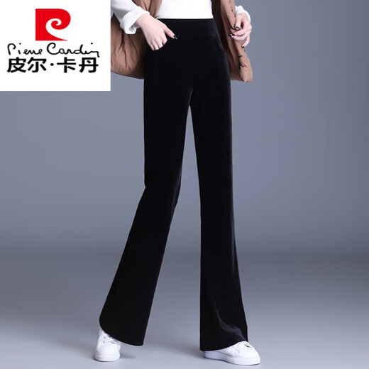 皮尔卡丹金丝绒微喇叭裤女春秋2025新款高腰显瘦直筒阔腿丝绒裤子女裤加绒 3886 黑色  加绒 长裤 加厚 S 【85-100斤】