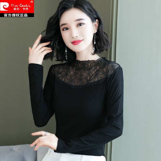 皮尔卡丹黑色洋气打底衫女长袖薄款修身小衫春秋装新款内搭立领蕾丝上衣 7027黑 波点多边形领长袖 均码 (90斤-135斤)