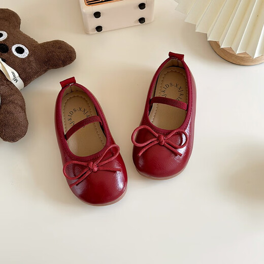 Ershanji 2025 Spring and Summer New Girls' Leather Shoes with Bow Knot Children's Shoes Little Girls Princess Shoes Soft Sole Peas Shoes Shallow Mouth Single Shoes Bow Knot Leather Shoes Wine Red Size 32 Inner Length 19.2cm