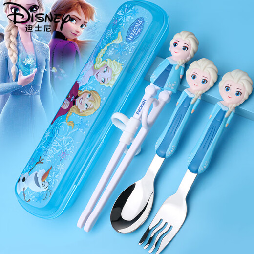 迪士尼（Disney）儿童筷子训练筷初学者筷子6-12岁防滑爱莎公主吃饭勺叉子餐具套装 2463艾莎蓝【筷+勺+叉】盒装