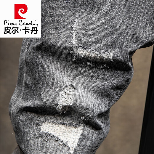 皮尔卡丹（pierre cardin）春秋季男裤2025新款潮牌烟灰色破洞牛仔裤男修身小脚韩版男士裤子 838灰色 30 二尺三